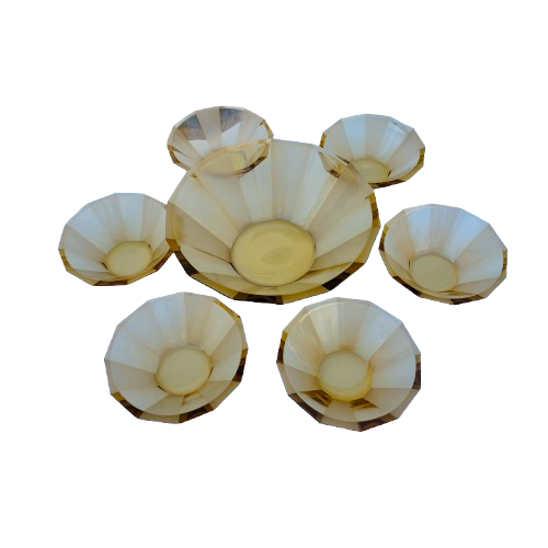 Vintage Heavy Amber Etched 10-Sided Glass Bowl Set