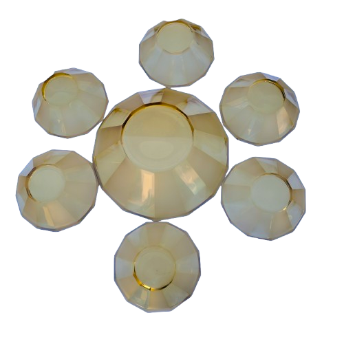 Vintage Heavy Amber Etched 10-Sided Glass Bowl Set