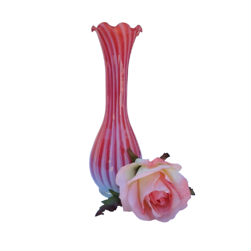 Pink white stripe Hand blown thin glass vase Ruffled Edge