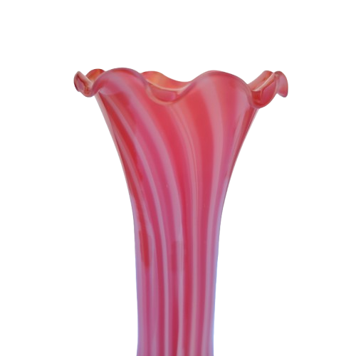 Pink white stripe Hand blown thin glass vase Ruffled Edge