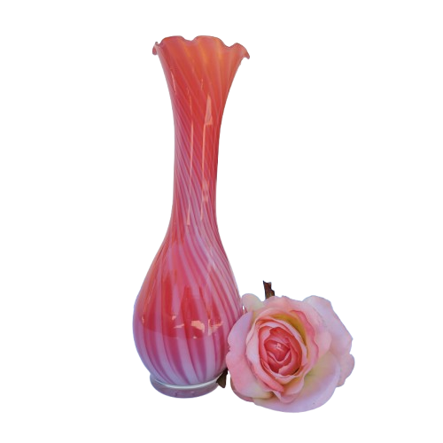 Pink white stripe Hand blown thin glass vase Ruffled Edge