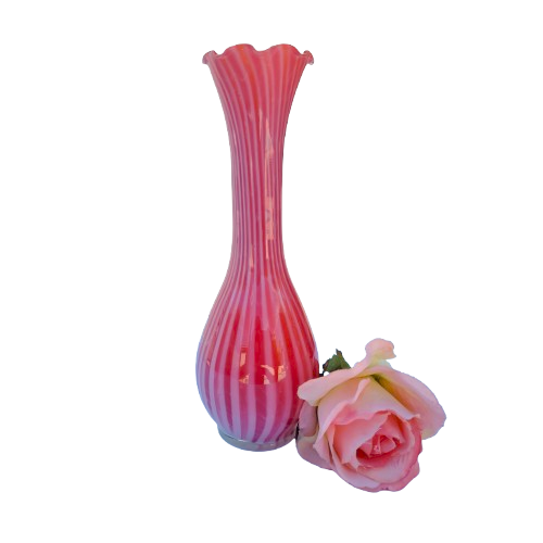 Pink white stripe Hand blown thin glass vase Ruffled Edge
