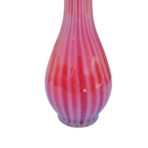 Pink white stripe Hand blown thin glass vase Ruffled Edge