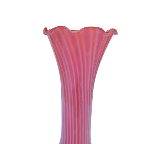 Pink white stripe Hand blown thin glass vase Ruffled Edge
