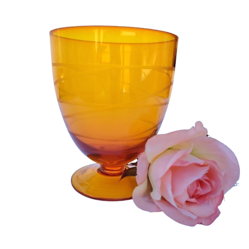 Orange Hand Etched Cut Glass Crystal Stemmed Goblet
