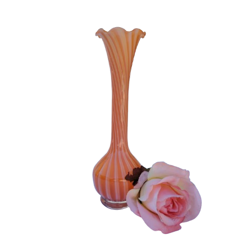 Orange white stripe Hand blown thin glass vase Ruffled Edge