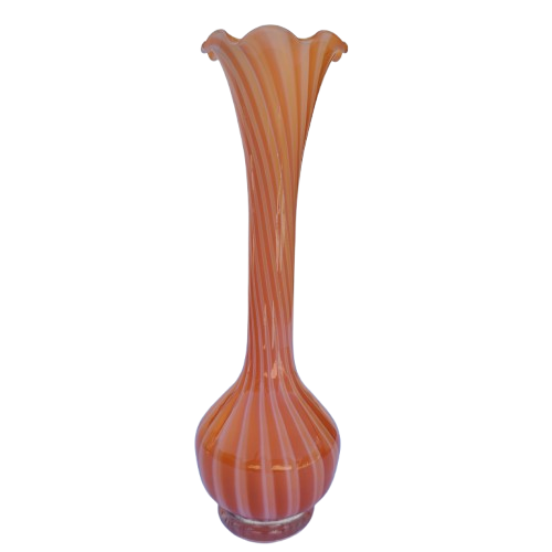 Orange white stripe Hand blown thin glass vase Ruffled Edge