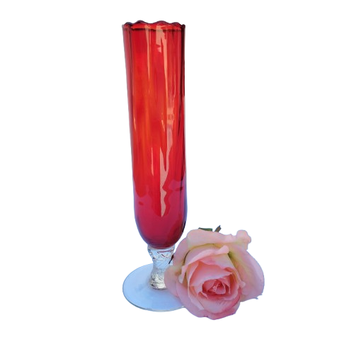 Red Ribbed Hand blown glass vase Ruffled Edge