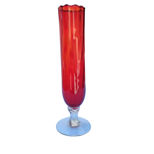 Red Ribbed Hand blown glass vase Ruffled Edge