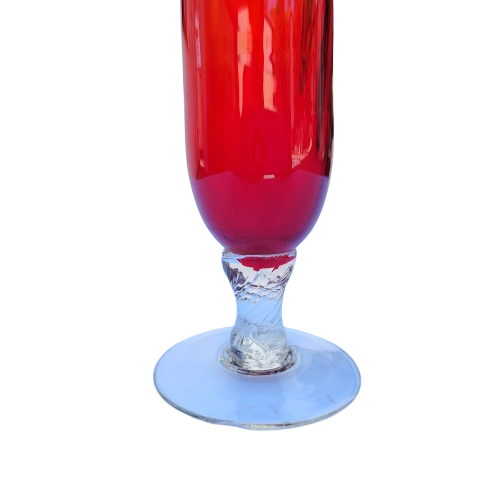 Red Ribbed Hand blown glass vase Ruffled Edge