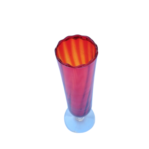 Red Ribbed Hand blown glass vase Ruffled Edge