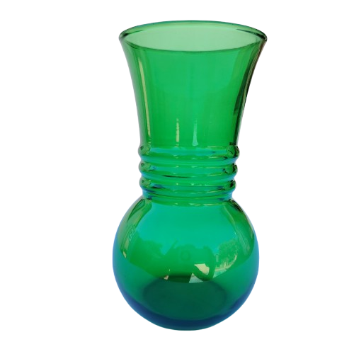 Green Hand Blown Glass Vase Ribbed