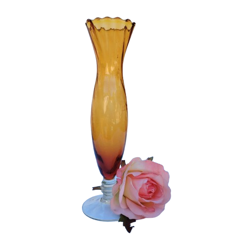Red Ribbed Hand blown glass vase Ruffled Edge