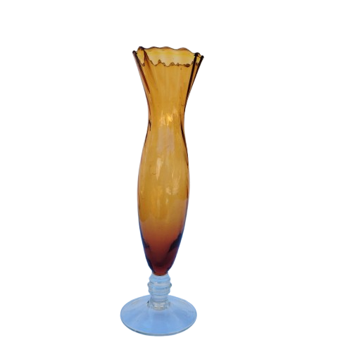 Red Ribbed Hand blown glass vase Ruffled Edge