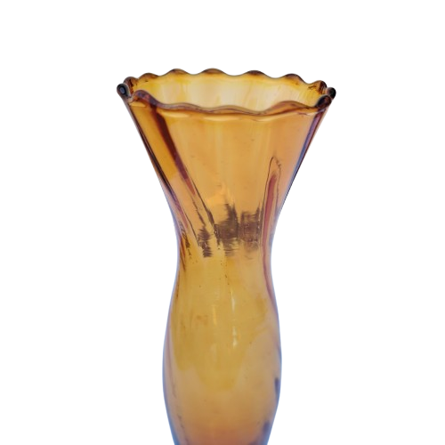 Red Ribbed Hand blown glass vase Ruffled Edge