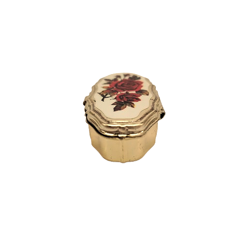 Vintage Gold Tone Hinged With Rose Flower Design Travel Size Pill Holder
