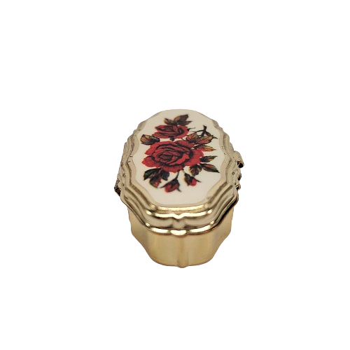 Vintage Gold Tone Hinged With Rose Flower Design Travel Size Pill Holder