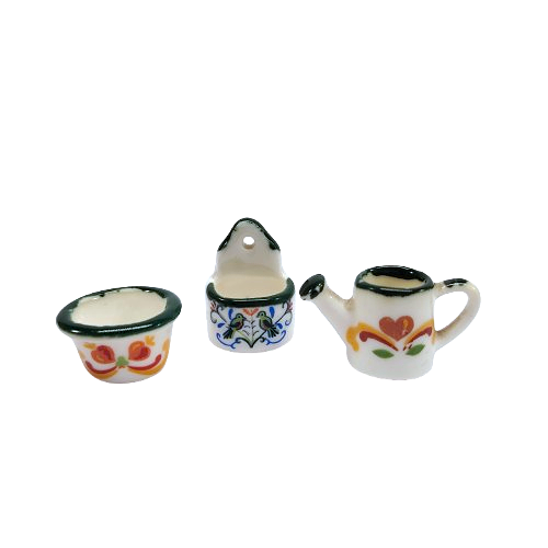 Three Porcelain Miniature Watering Can Pot and Hanger