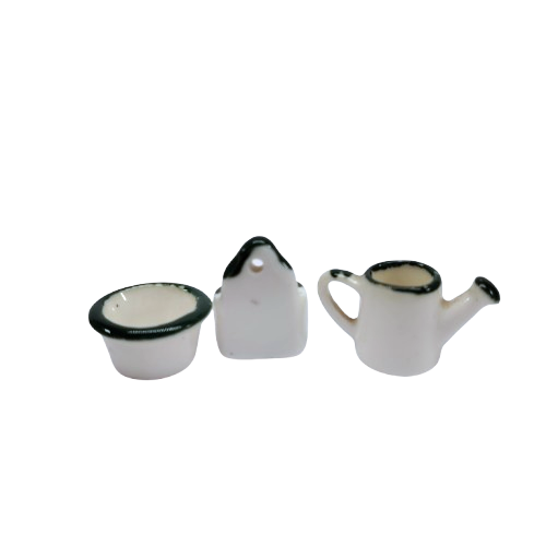 Three Porcelain Miniature Watering Can Pot and Hanger