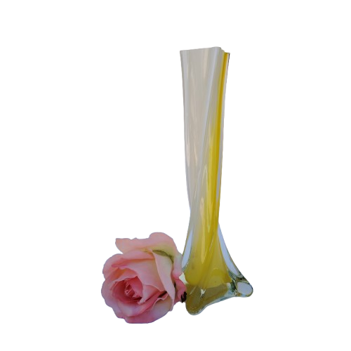 Murano Hand Blown White and Yellow Art Glass Tall Vase