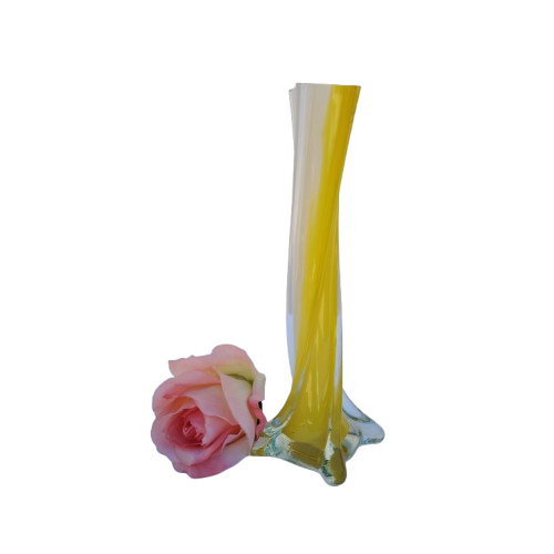 Murano Hand Blown White and Yellow Art Glass Tall Vase