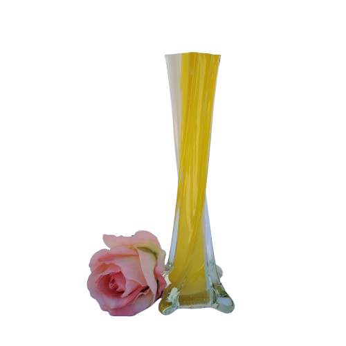 Murano Hand Blown White and Yellow Art Glass Tall Vase