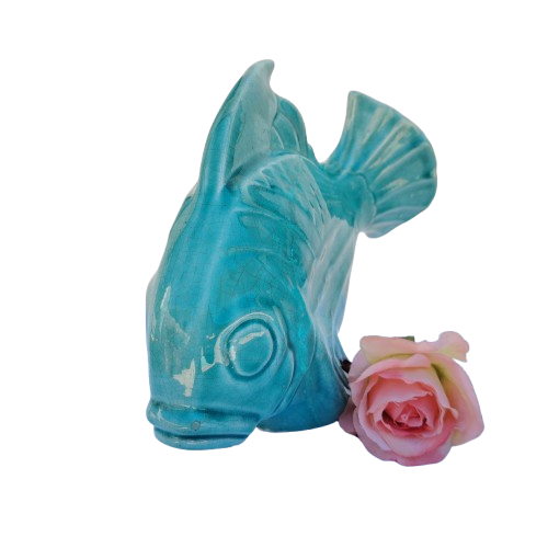 Art Deco Large Crackled Ceramic Glazed Blue Fish