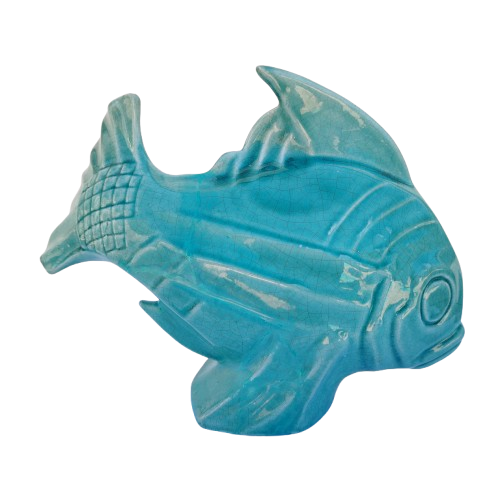 Art Deco Large Crackled Ceramic Glazed Blue Fish