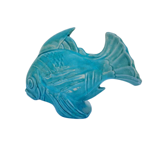 Art Deco Large Crackled Ceramic Glazed Blue Fish