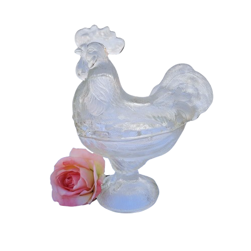 Vintage Pressed Glass Lidded Chicken Rooster Candy Dish