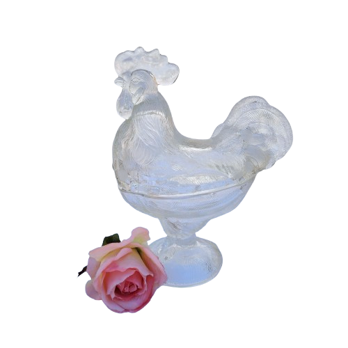 Vintage Pressed Glass Lidded Chicken Rooster Candy Dish