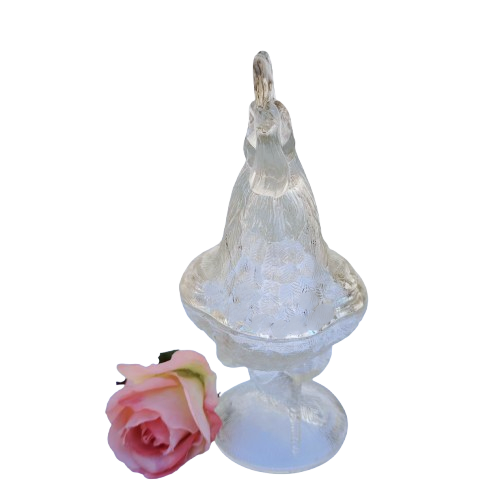 Vintage Pressed Glass Lidded Chicken Rooster Candy Dish
