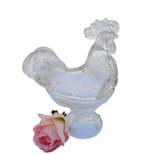 Vintage Pressed Glass Lidded Chicken Rooster Candy Dish