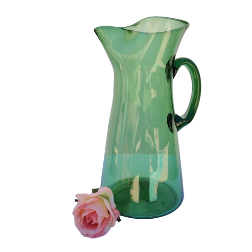 Vintage Large Art Blown Green Glass Pitcher Vase