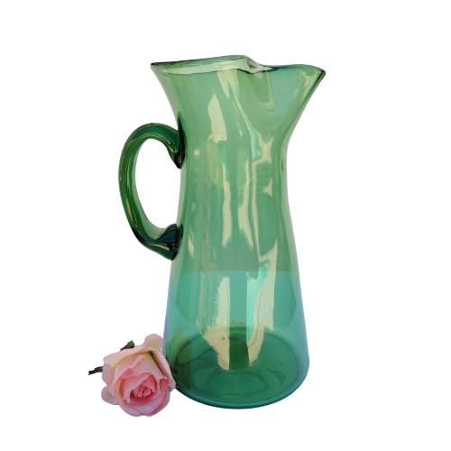 Vintage Large Art Blown Green Glass Pitcher Vase