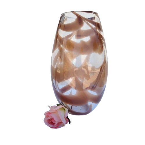 Art Glass Heavy Large Clear with Brown Swirl Patterned Vase