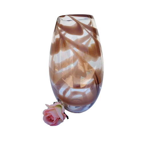 Art Glass Heavy Large Clear with Brown Swirl Patterned Vase