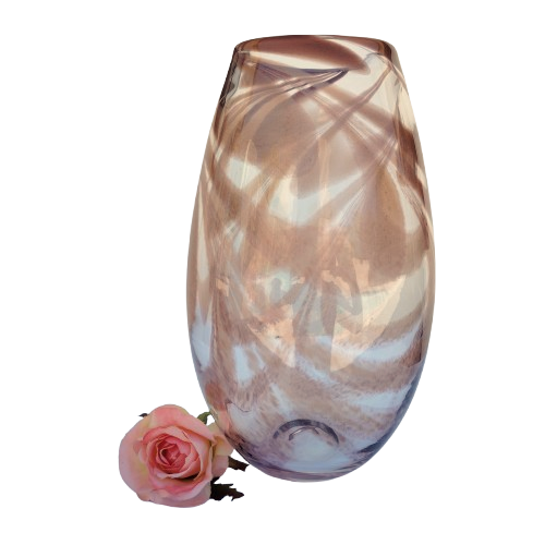 Art Glass Heavy Large Clear with Brown Swirl Patterned Vase