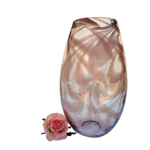 Art Glass Heavy Large Clear with Brown Swirl Patterned Vase