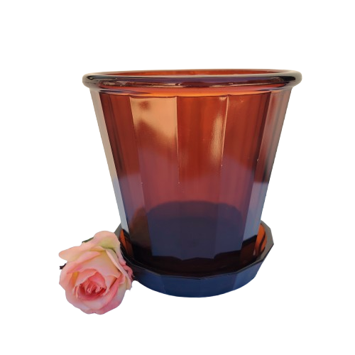 Vintage Art deco Heavy Amber United glass Plant pot and drip dish