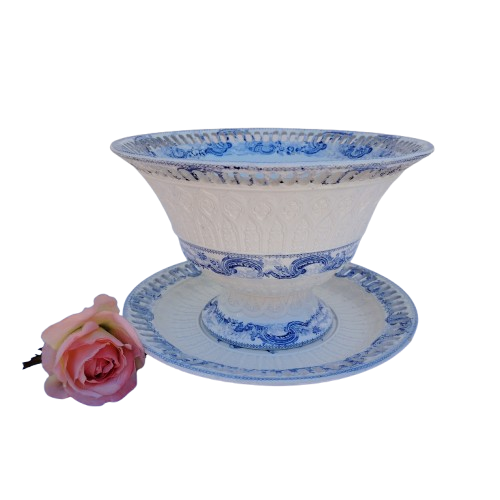 Antique Wedgwood Pierced Porcelain Footed White and Blue Lace Bowl with Underplate