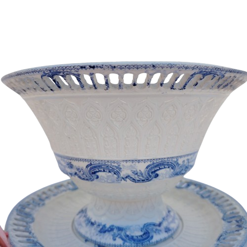 Antique Wedgwood Pierced Porcelain Footed White and Blue Lace Bowl with Underplate