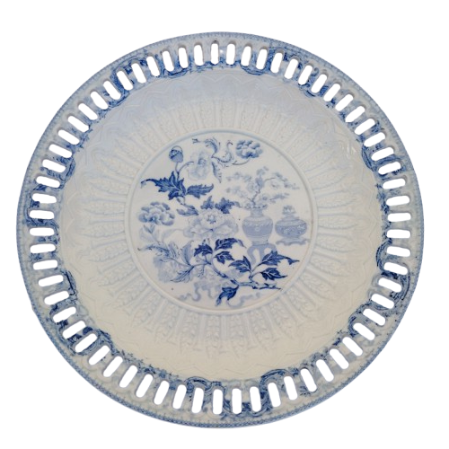 Antique Wedgwood Pierced Porcelain Footed White and Blue Lace Bowl with Underplate