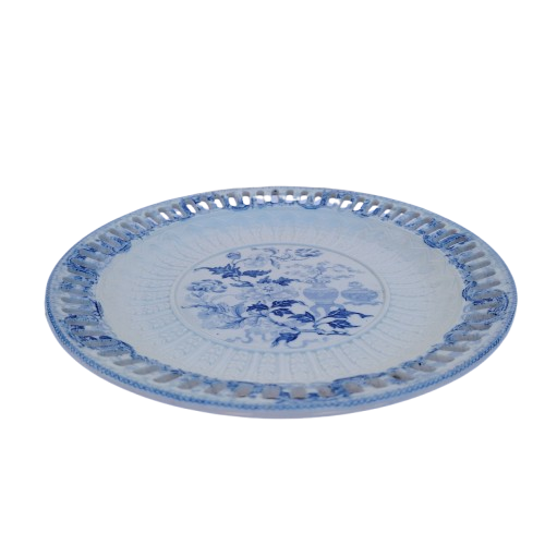Antique Wedgwood Pierced Porcelain Footed White and Blue Lace Bowl with Underplate