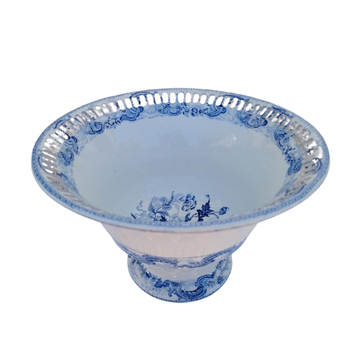Antique Wedgwood Pierced Porcelain Footed White and Blue Lace Bowl with Underplate