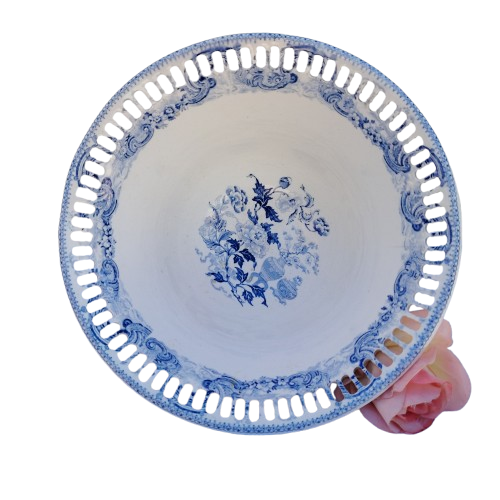 Antique Wedgwood Pierced Porcelain Footed White and Blue Lace Bowl with Underplate
