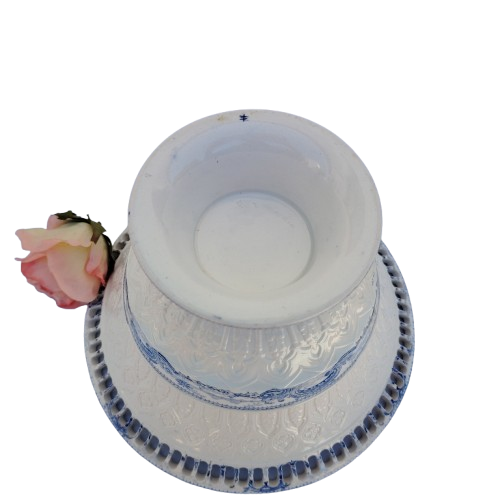 Antique Wedgwood Pierced Porcelain Footed White and Blue Lace Bowl with Underplate