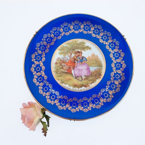 Limoges Fragonard Courting Couple Cobalt Blue with Gold Etching