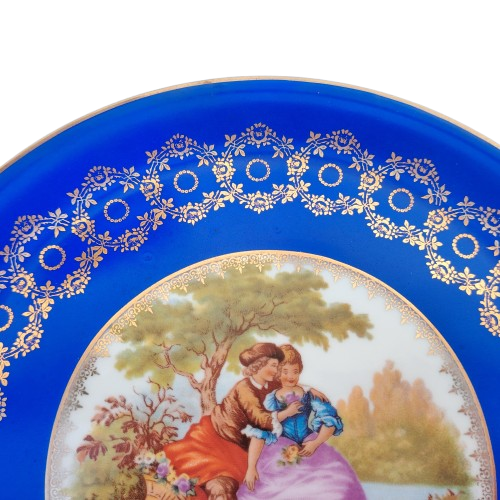 Limoges Fragonard Courting Couple Cobalt Blue with Gold Etching