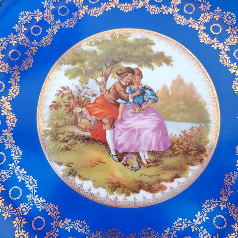 Limoges Fragonard Courting Couple Cobalt Blue with Gold Etching